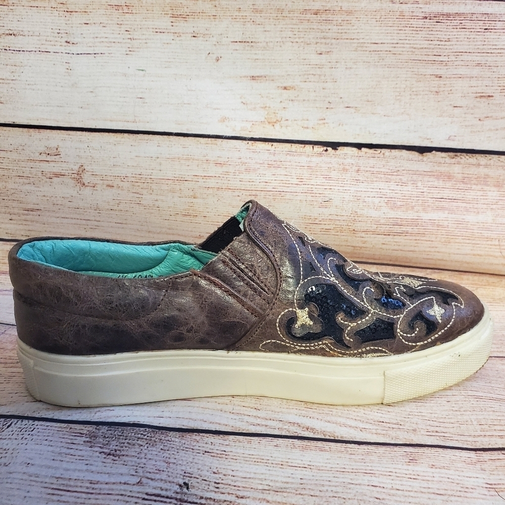 Corral Womens size 6.5 Brown with Black Sequin Inlay & Embroidery Sneakers E1560 - Picture 8 of 12